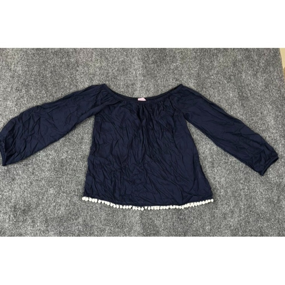 Lilly Pulitzer Womens Navy Blue White Pom Pom Hem Blouse Off Shoulder Size S